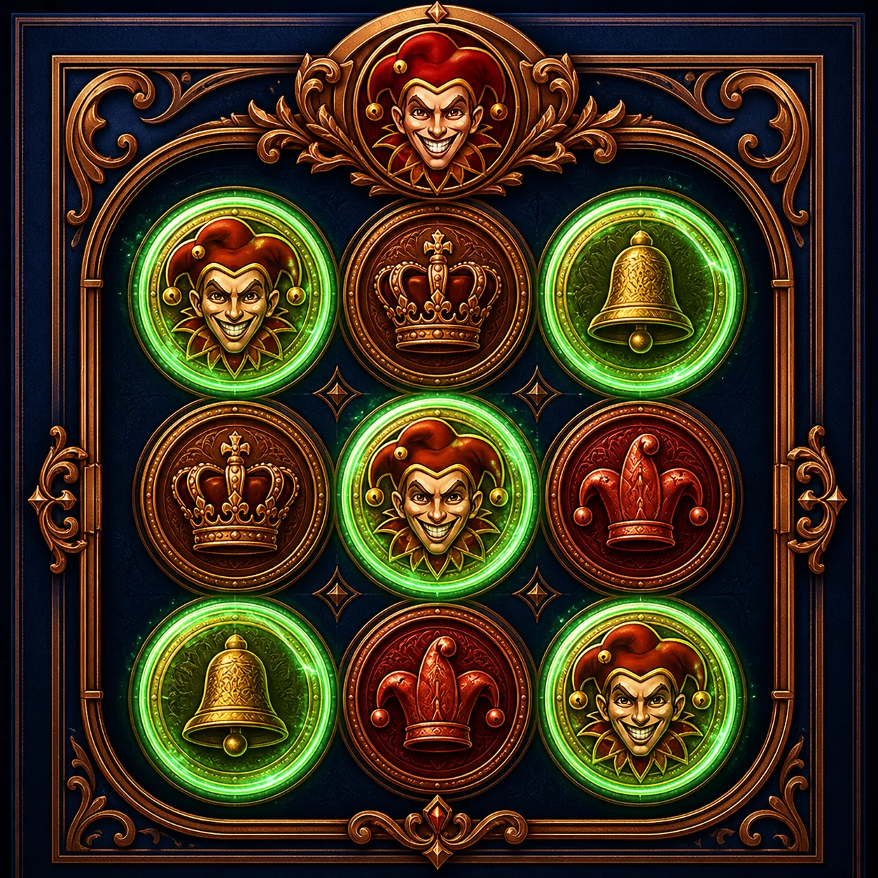 Cuadrícula de Joker Royal Coins con monedas, coronas, campanas y comodines